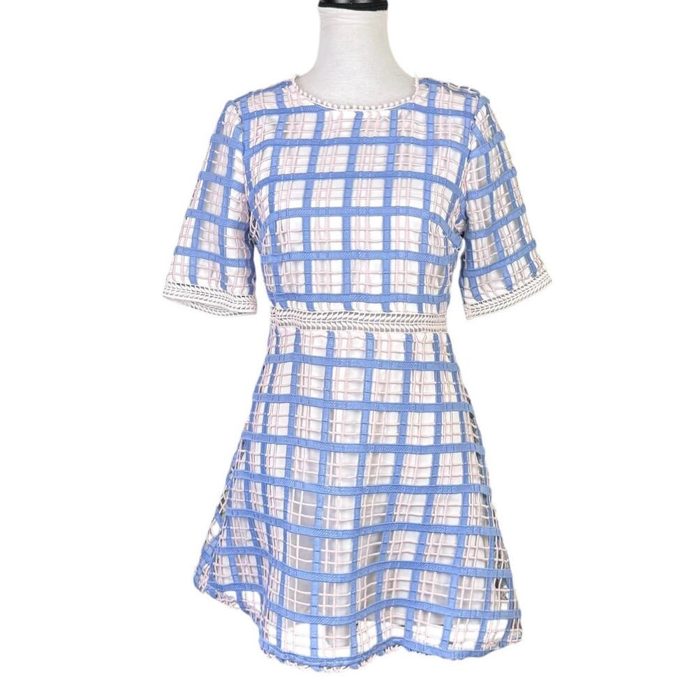 Just Me Blue & Pink Windowpane Plaid Overlay Fit & Flare Layered Dress